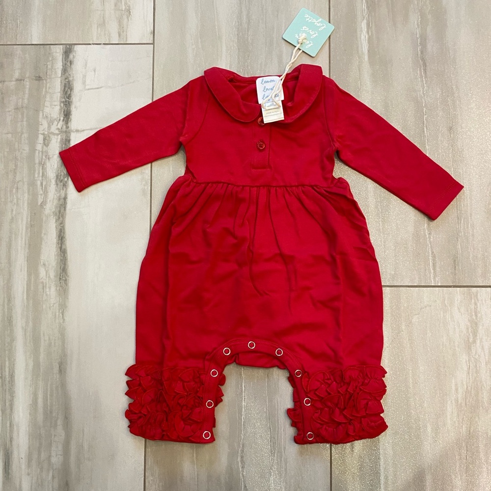 NWT Lemon Loves Layette Red Cora Ruffle Holiday Jumpsuit Romper, girls 3-6M